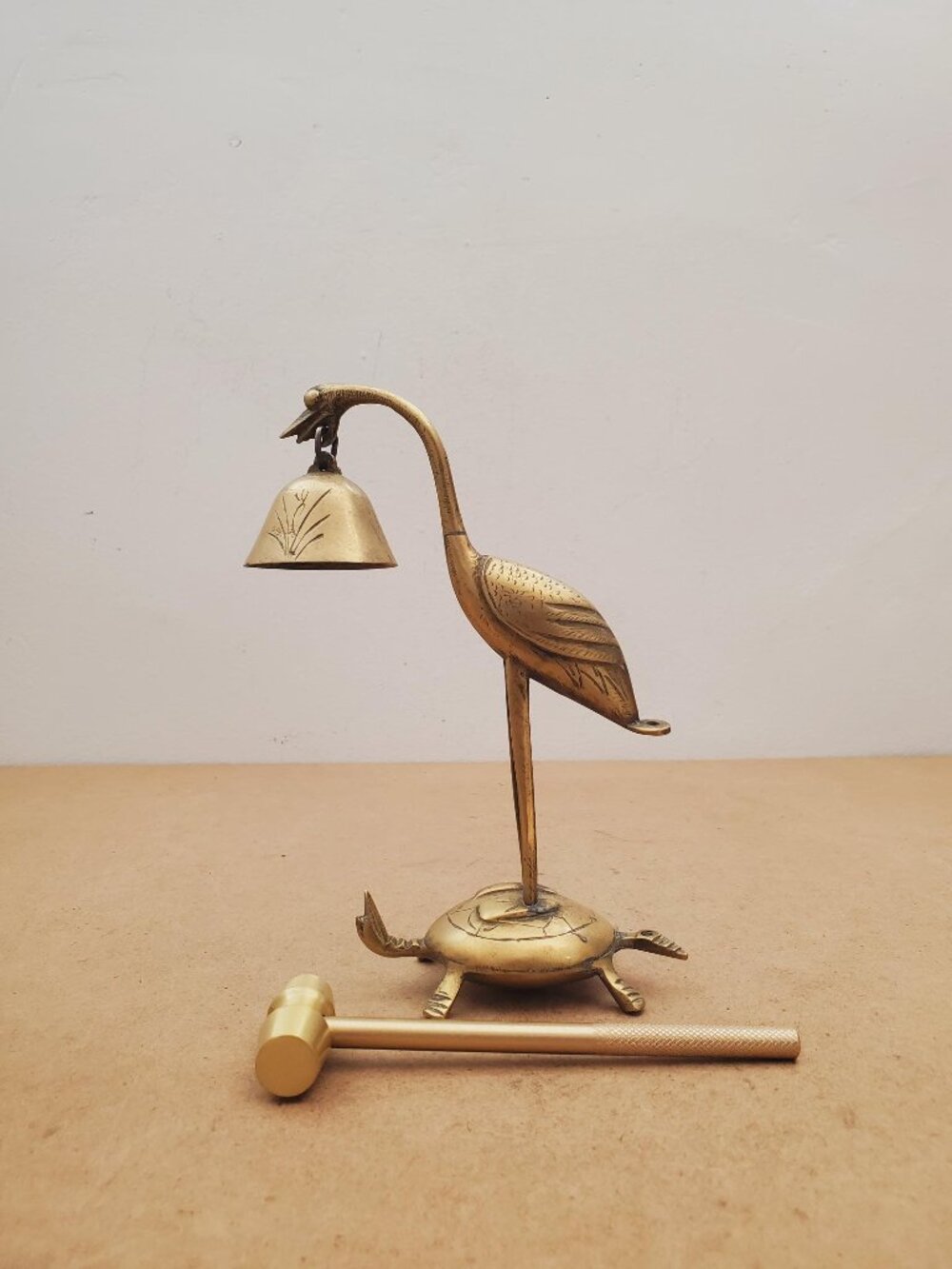 Bronze Table Bell with Crane and Turtle , c. 1970- Vintage Brass Figurine of